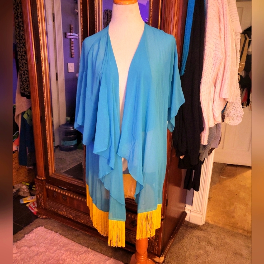 NWT Lularoe Monroe Sz. LARGE Kamona Bright Blue TEAL With Yellow Fringe RARE 🦄